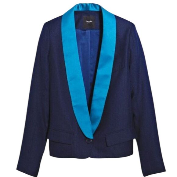 Smythe Les Vestes Navy Blue with Contrast Satin Lapel Crop Blazer 4